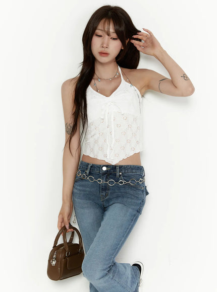 LEWKIN Lace Trim Halter Neck Cami CL508 White S/M front model shot standing pose with ribbon tie detail eyelet lace crop top styled with blue jeans and brown mini bag