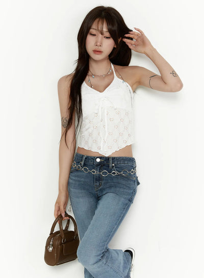 LEWKIN Lace Trim Halter Neck Cami CL508 White S/M front model shot standing pose with ribbon tie detail eyelet lace crop top styled with blue jeans and brown mini bag