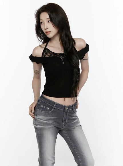 Lace Trim Halter Top IL522 in Black, size S/M