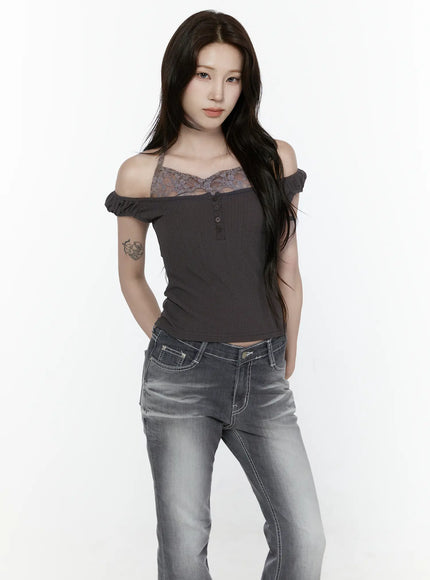 Lace Trim Halter Top IL522 in Dark brown, size S/M