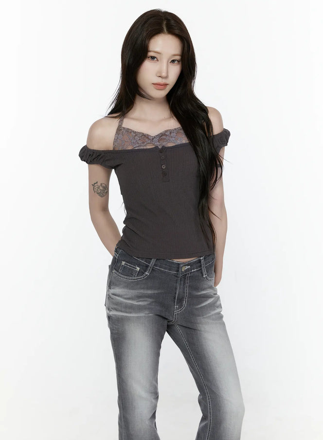Lace Trim Halter Top IL522 in Dark brown, size S/M