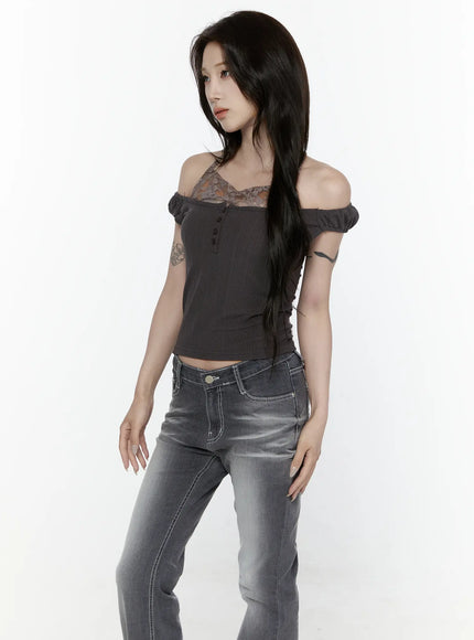 Lace Trim Halter Top IL522 Grey S/M three-quarter side shot model with long hair showing lace trim halter neckline off-shoulder puff sleeves ribbed crop top in charcoal grey