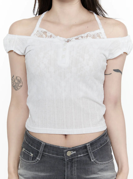 Lace Trim Halter Top IL522 White S/M front close-up crop shot showing floral lace trim neckline halter strap button placket and ribbed knit texture