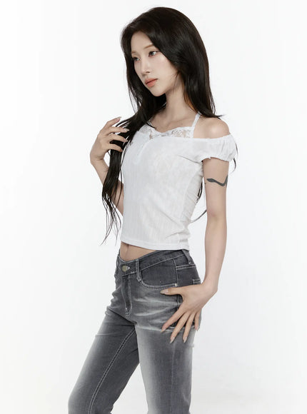 Lace Trim Halter Top IL522 White S/M three-quarter front shot model hand in hair showing lace trim neckline off-shoulder puff sleeve and ribbed crop fit