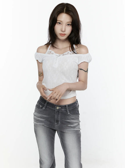 Lace Trim Halter Top IL522 White S/M front shot model hands at waist showing lace trim halter neckline off-shoulder puff sleeves and ribbed crop fit with jeans