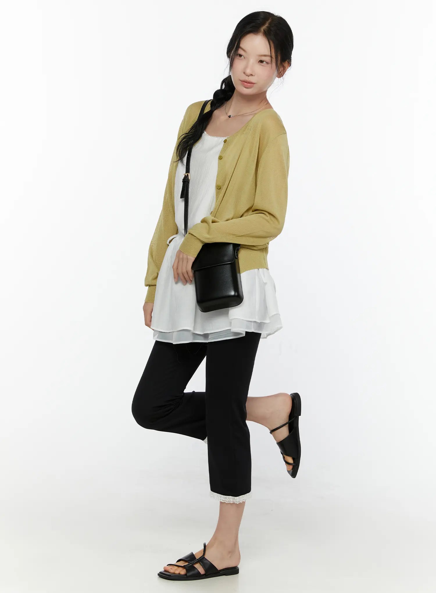Lace Trim High-Waist Capri Pants CL520 Black full-body front styling shot on model with yellow cardigan white layered top black crossbody bag one leg raised