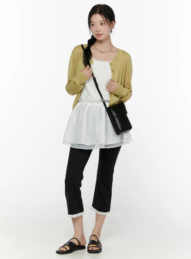 Lace Trim High-Waist Capri Pants CL520 Black full-body styling shot on model wearing yellow cardigan white layered top and black crossbody bag standing facing forward