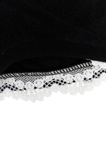 Lace-Trim Layered Shorts IL524 Black close-up detail of white lace trim hem showing scalloped lace edge against black velour fabric texture