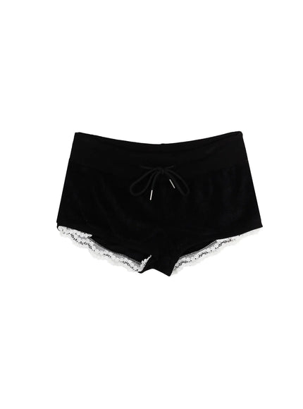 Lace-Trim Layered Shorts IL524 Black flat-lay front view showing velour fabric, center drawstring with metal aglets, and white lace scalloped trim hem