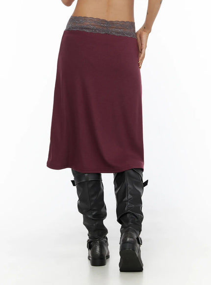 Lace Trim Midi Skirt CL503 Dark red back view on model showing gray lace waistband trim and smooth A-line skirt body with black boots