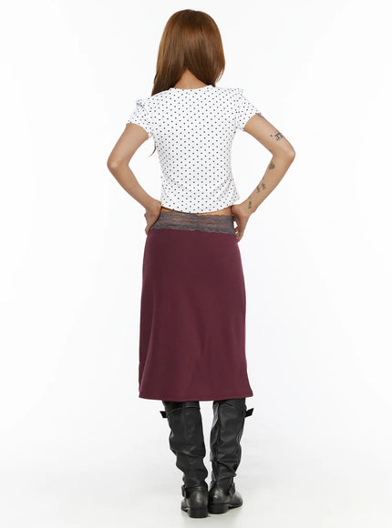 Lace Trim Midi Skirt CL503 Dark red back full-body shot on model with hands on hips, showing gray lace waistband and flared midi length with black boots