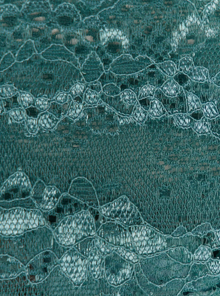 Lace Trim Midi Skirt CL503 teal lace waistband close-up detail showing floral scalloped embroidery pattern and sheer mesh texture