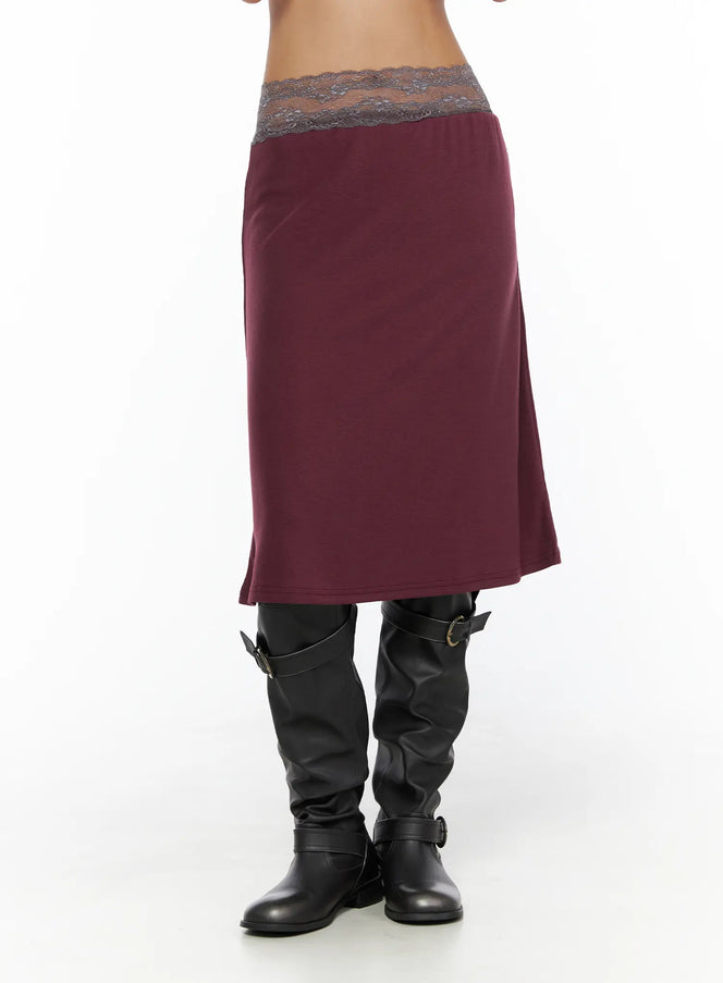 LEWKIN Lace Trim Midi Skirt CL503 Dark red front view on model wearing with black knee-high boots, gray floral lace waistband detail, S/M