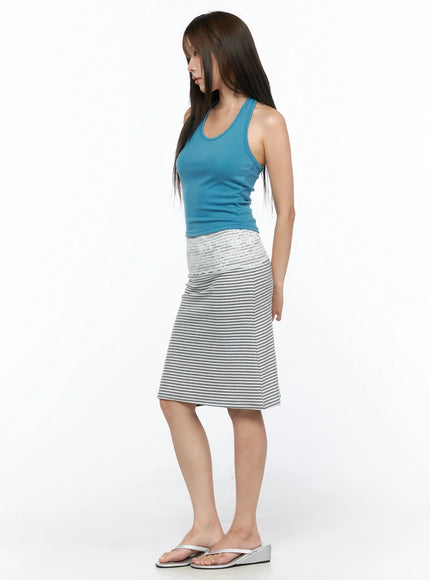 Lace Trim Midi Skirt CL517 Gray side full-body on second model looking down, showcasing lace waist panel and stripe a-line silhouette