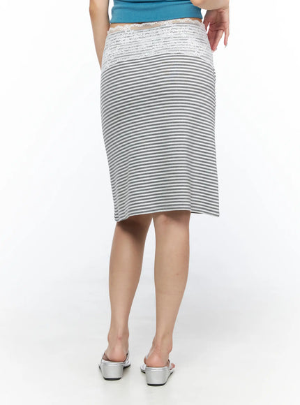 Lace Trim Midi Skirt CL517 Gray back view on model showing white lace waistband and gray-white stripe body, paired with teal top and silver mules