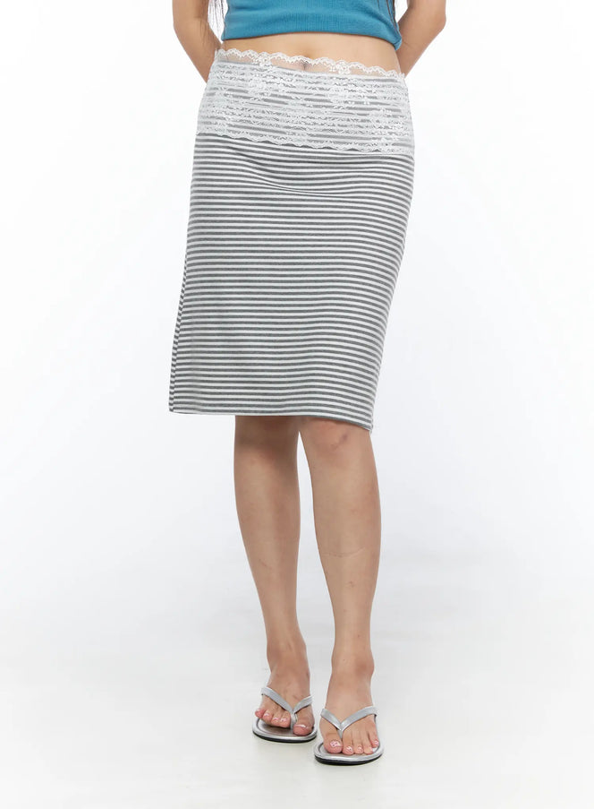 Lace Trim Midi Skirt CL517 Gray front close-up on model showing white lace waistband panel and gray-white stripe body with silver flip flops