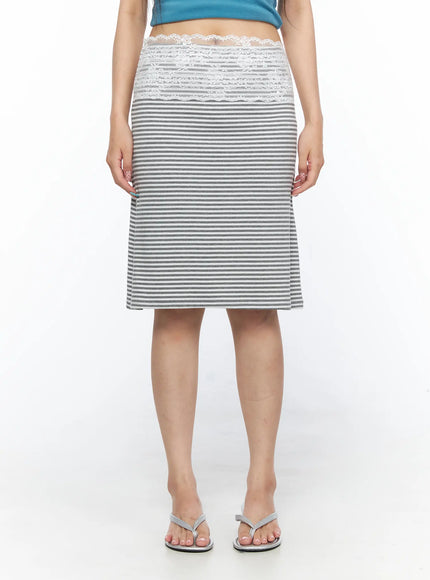Lace Trim Midi Skirt CL517 Gray front mid-body on model showing white lace waistband and gray-white striped body, relaxed standing pose
