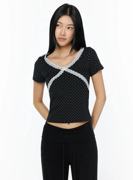 Lace Trim Polka Dot Top IL509 in Black, size S/M