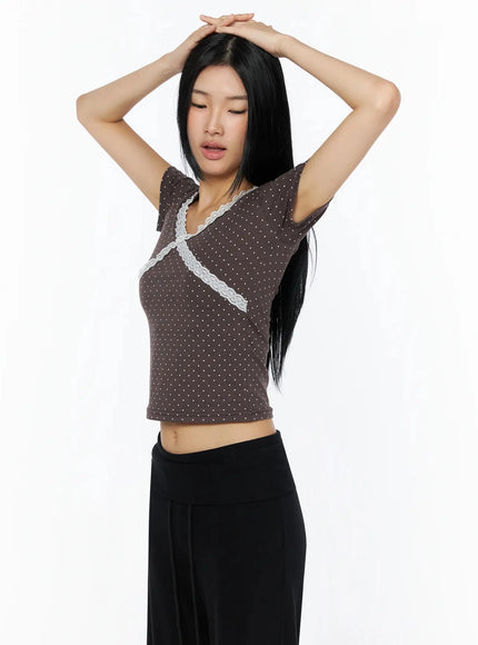 Lace Trim Polka Dot Top IL509 in Brown, size S/M