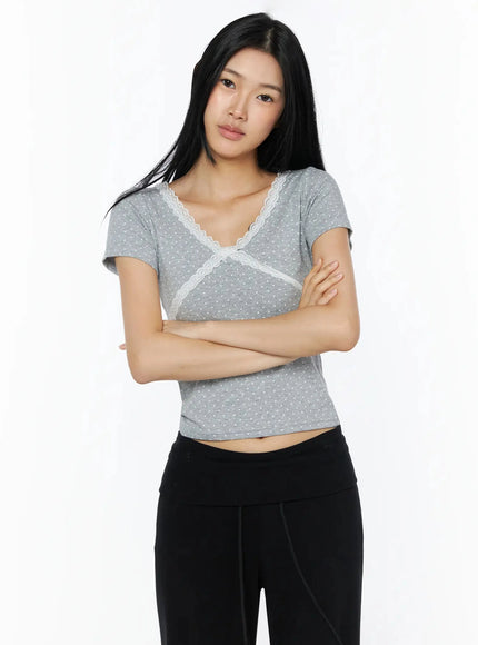 Lace Trim Polka Dot Top IL509 in Gray, size S/M