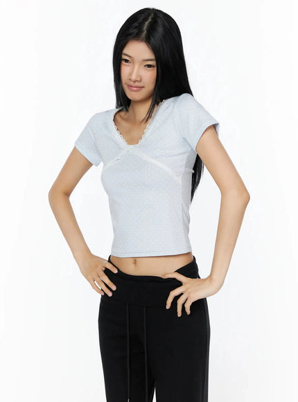 Lace Trim Polka Dot Top IL509 in Light blue, size S/M