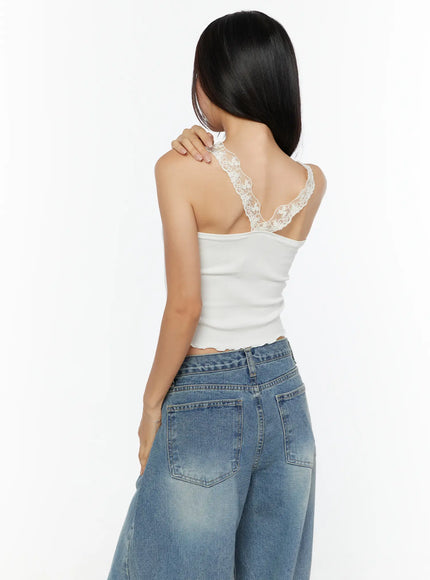LEWKIN Lace Trim Tank CU526 White back view on model wearing blue jeans, floral lace racerback strap detail visible, ribbed crop top