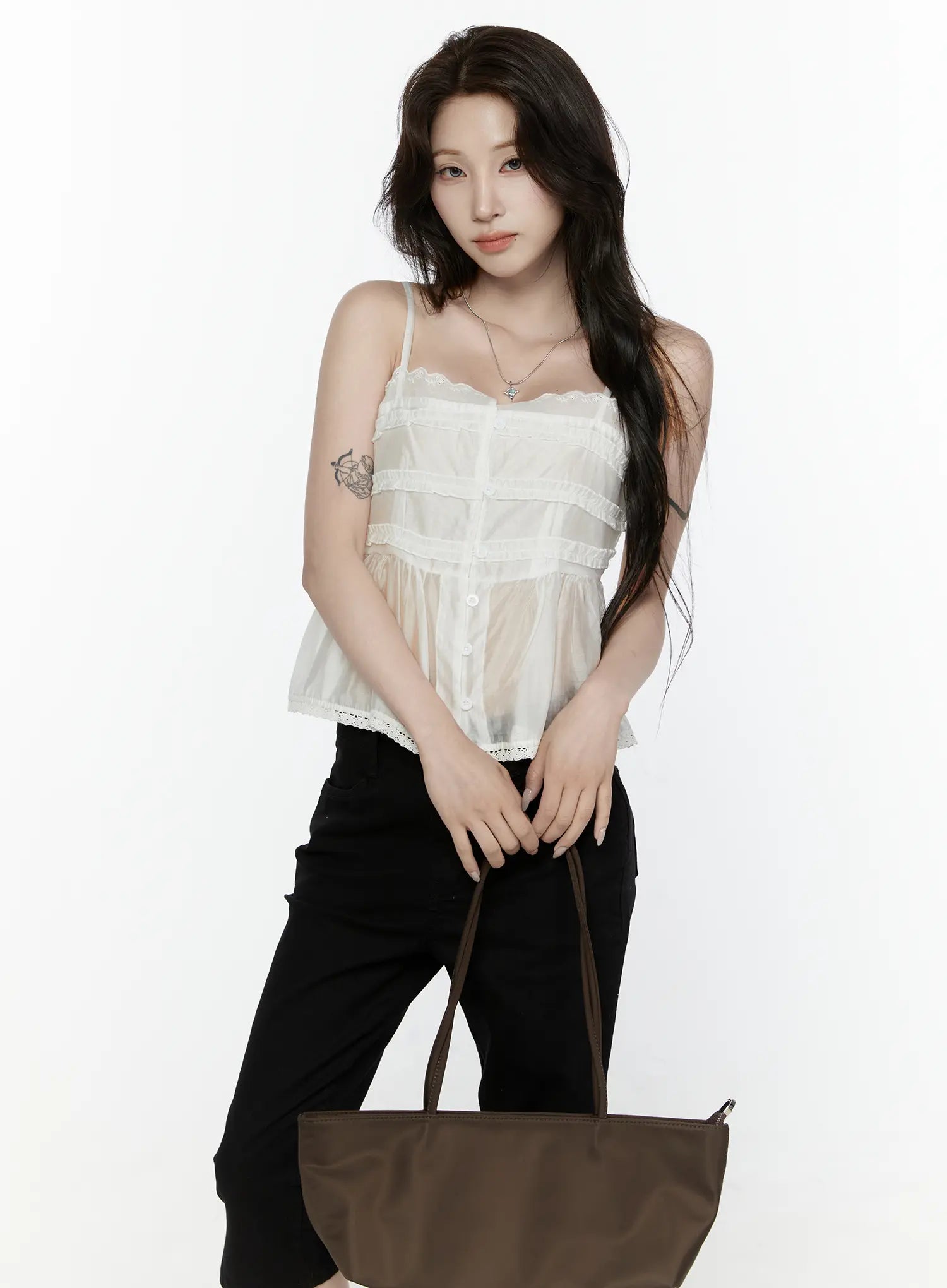 LEWKIN Lace Trim Tank IL521 White S/M front shot on model holding brown tote bag, sheer organza fabric with ruffle tiers and lace hem