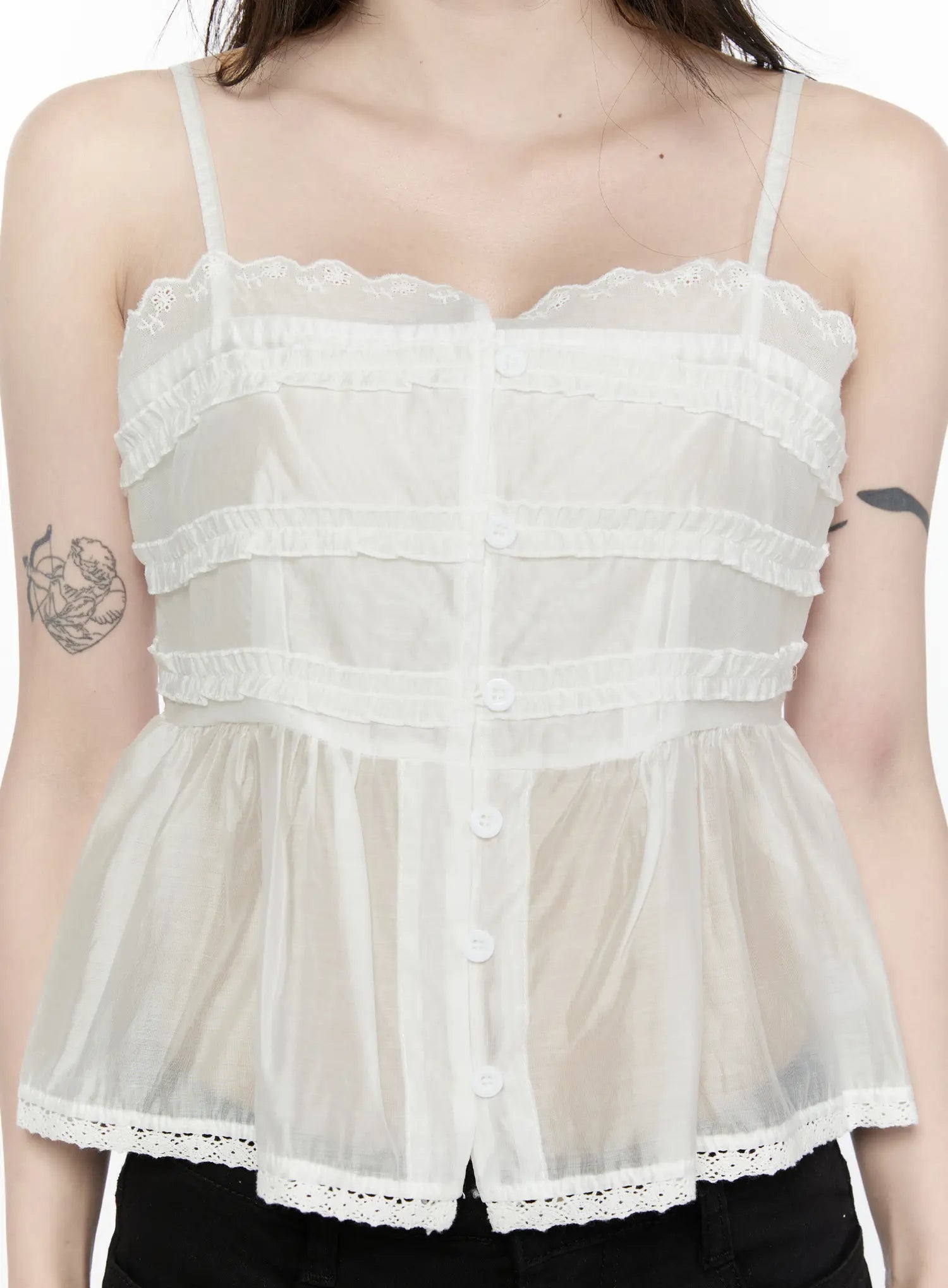 Lace Trim Tank IL521 White close-up front detail shot showing scallop lace neckline tiered ruffles center buttons and eyelet lace hem