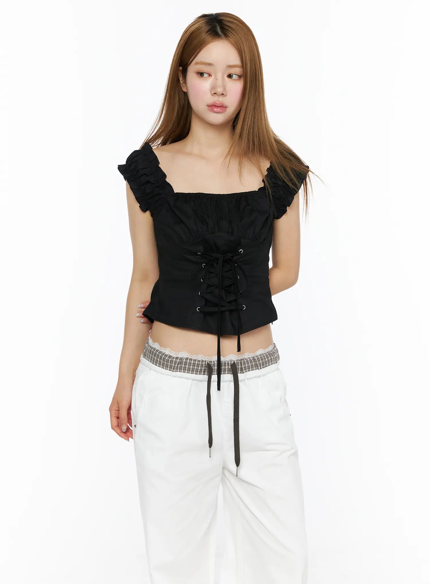 Lace-Up Corset Blouse Top CL502 in Black, size S/M
