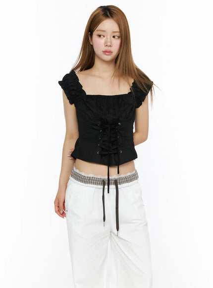 Lace-Up Corset Blouse Top CL502 in Black, size S/M