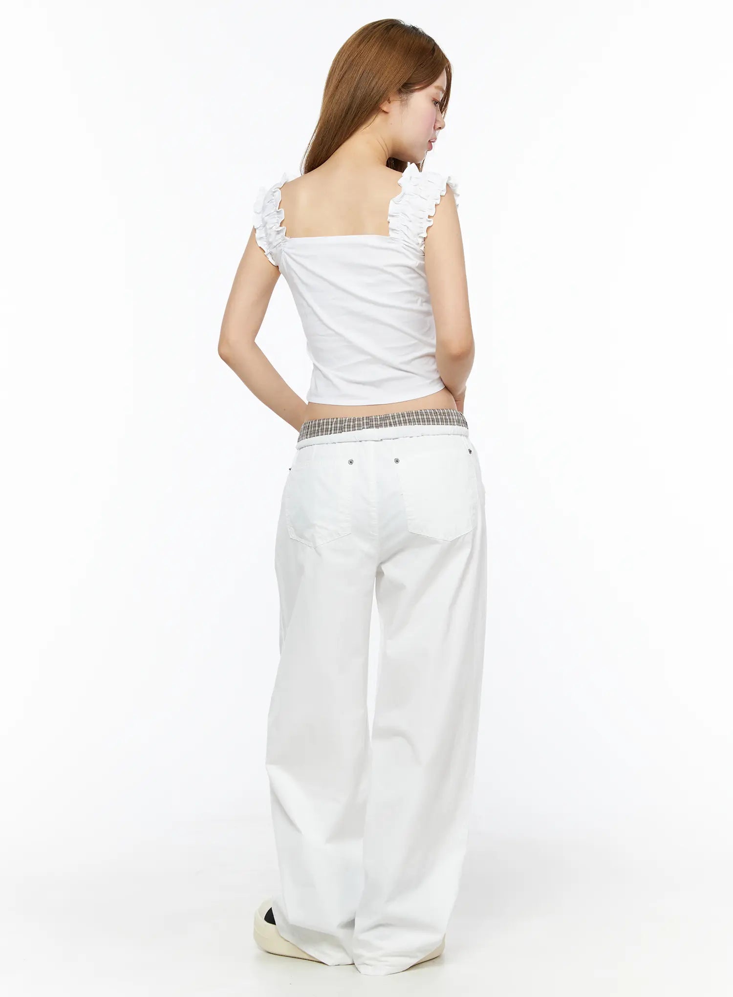 Lace-Up Corset Blouse Top CL502 White back shot on model showing plain fitted back with ruffle strap trim and square neckline from rear