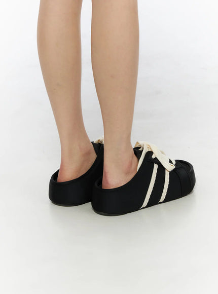 Lace-Up Slide Slippers CU530 Black back view on model, revealing open heel mule silhouette with cream stripe detail and chunky platform