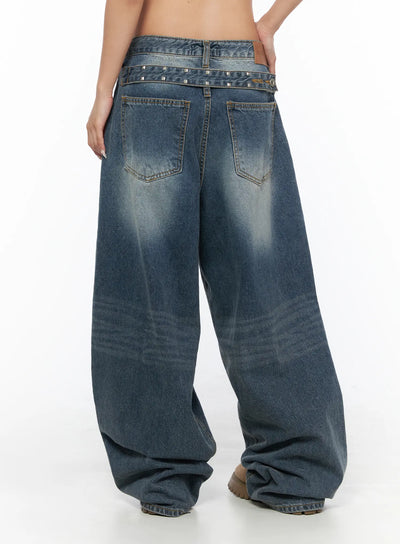 Lane Washed Wide Leg Jeans CU523 Blue back view on model showing studded waistband, dual back pockets, and oversized wide-leg silhouette in washed denim, Size S