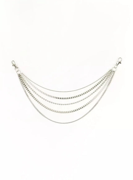 Layered Belt Chain IL516 Silver close-up detail of lobster swivel clasp hardware with box chain ball chain and curb chain strands bundled at connector ring