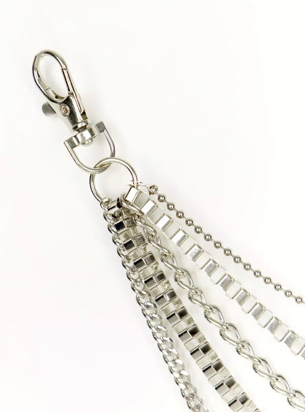 Layered Belt Chain IL516 Silver close-up detail showing individual chain textures including box chains ball chain and curb chain strands fanned out on white background