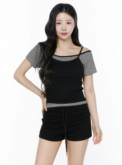 Layered Cami Striped Tee IU525 in Black, size S/M