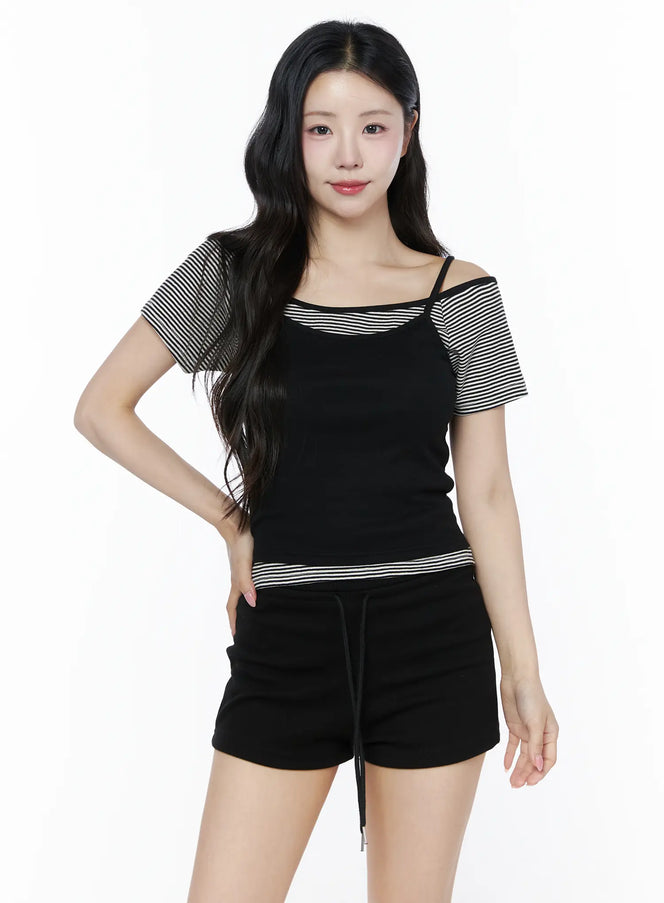 Layered Cami Striped Tee IU525 in Black, size S/M