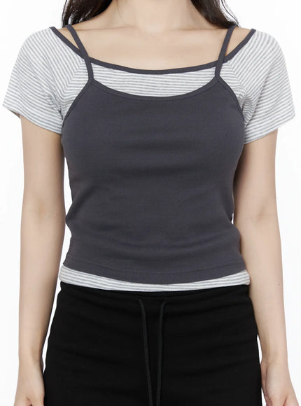 Layered Cami Striped Tee IU525 Dark gray close-up front shot on model showing double spaghetti straps dark gray ribbed cami over gray striped raglan tee