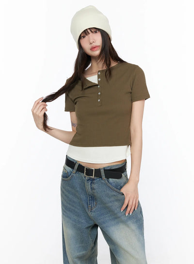 LEWKIN Layered Henley Short Sleeve Tee CL523 Dark green front shot on model wearing beanie and wide-leg jeans, ribbed fabric with button placket
