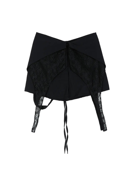 Layered Lace Mini Skirt CL524 Black flat-lay back view showing V-waistband, floral lace panels, center zip and long lace and fabric ribbon ties