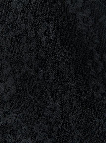 Layered Lace Mini Skirt CL524 Black close-up detail of floral lace fabric texture showing intricate mesh weave and embroidered pattern