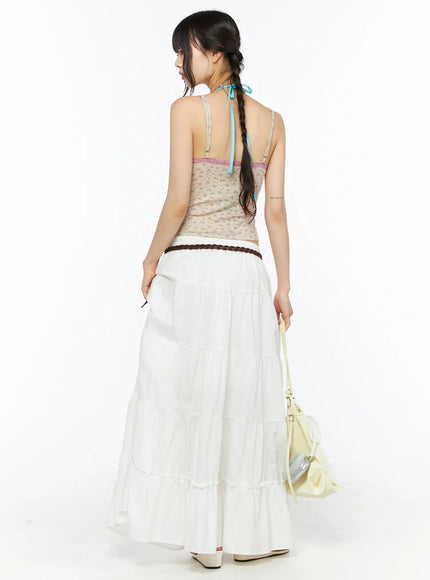 Layered Maxi Skirt CU530 white back shot on model showing full tiered silhouette with elastic waist and layered ruffled hem