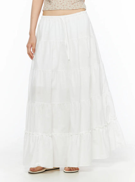 Layered Maxi Skirt CU530 white front close-up shot on model showing drawstring elastic waistband tiered cotton fabric and ruffled bottom hem