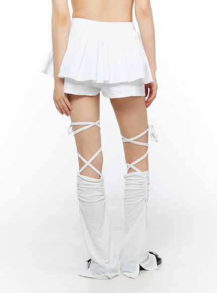 Layered Mini Skort CU530 white back shot on model from waist down showing pleated ruffle hem elastic waistband and layered shorts
