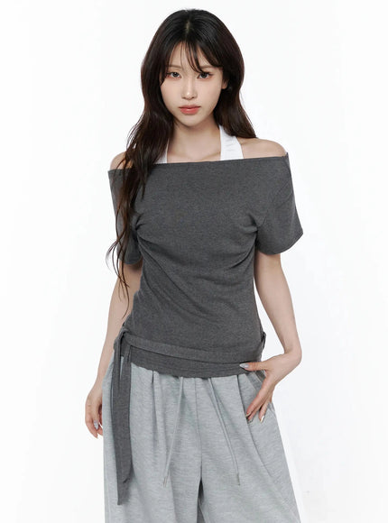 Layered Off-Shoulder Halter Top IL506 in Dark gray, size S/M