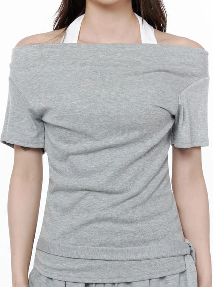 Layered Off-Shoulder Halter Top IL506 Gray close-up front detail shot on model highlighting folded off-shoulder neckline, gathered chest drape, and rib-knit texture