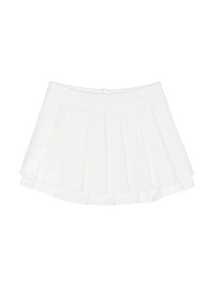 Layered Pleated Skirt IL509 White flat-lay back view showing full double-tiered pleated silhouette, waistband, and back button closure on white background