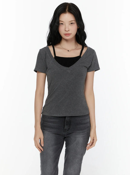 Layered Short Sleeve Tee CL521 Dark gray front close-up shot on model showing V-neck with black cami layered underneath slim-fit heathered knit texture