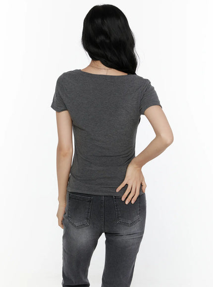 Layered Short Sleeve Tee CL521 Dark gray back shot on model showing clean back silhouette short sleeves fitted heathered fabric and scoop back neckline