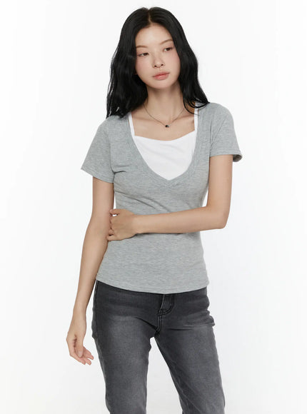 Layered Short Sleeve Tee CL521 in Gray, size S/M
